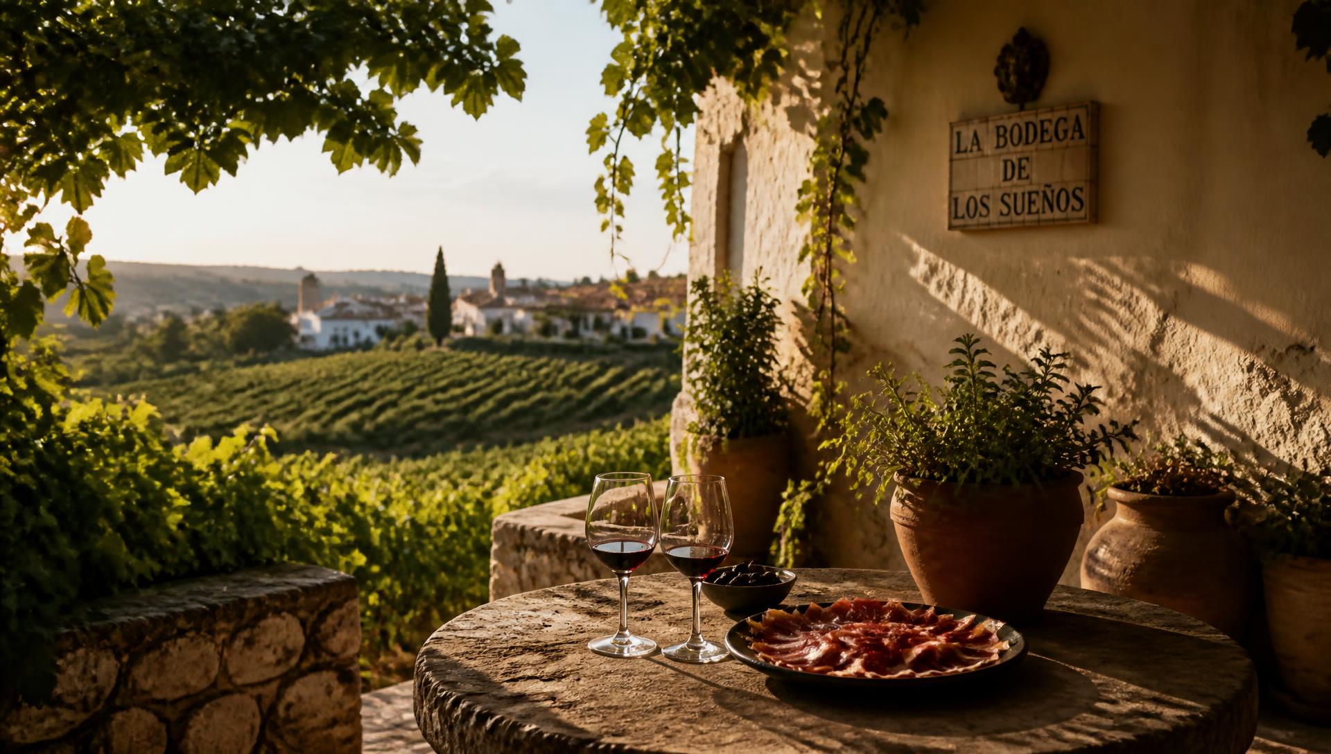 A stone terrace above terraced vineyards at golden hour with a long lunch table