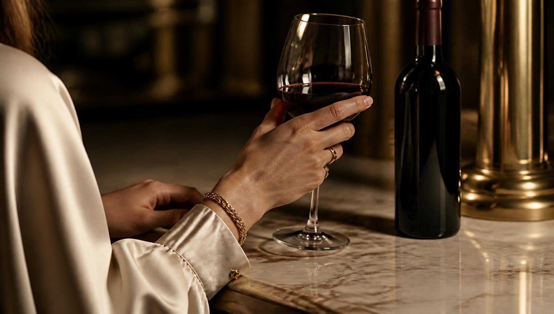 A hand holding a glass of red wine beside a bottle on a marble bar