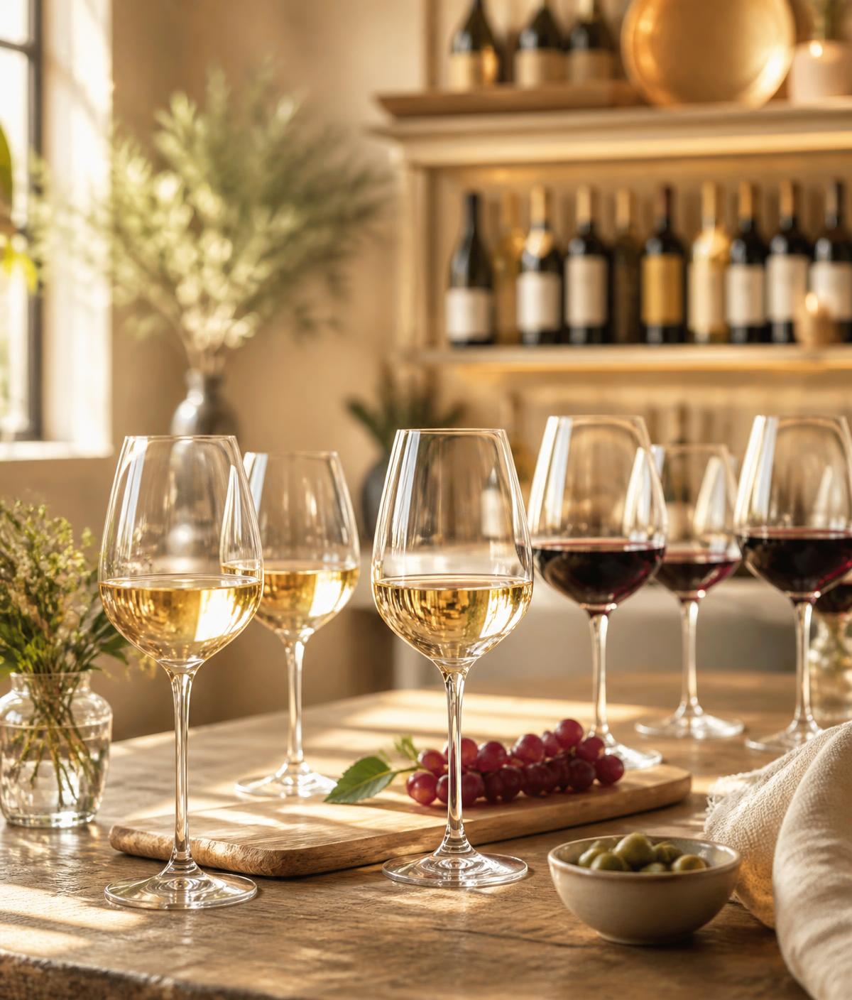 Glasses of red and white wine arranged for a tasting in warm daylight at Jordan's Wine Bar